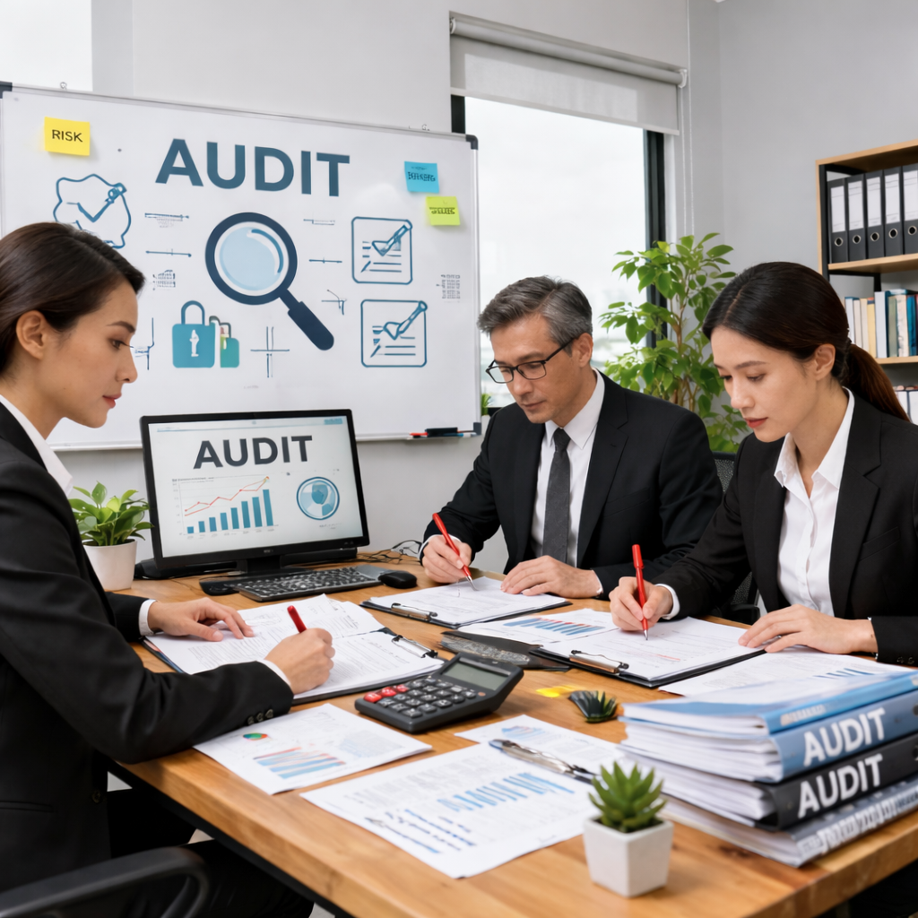 Internal audit process showing team collaboration, documents, and control systems.